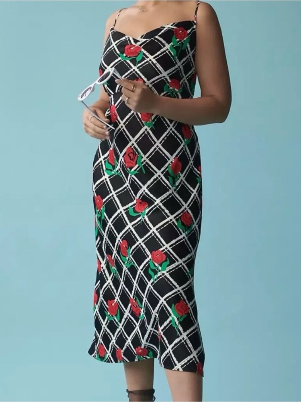 Anthropologie Black Midi Slip Dress with Red Rose Print - Picture 5 of 11
